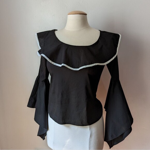 Black Boat Neck Ruffle Top with Bell Sleeves Size S - Picture 3 of 6